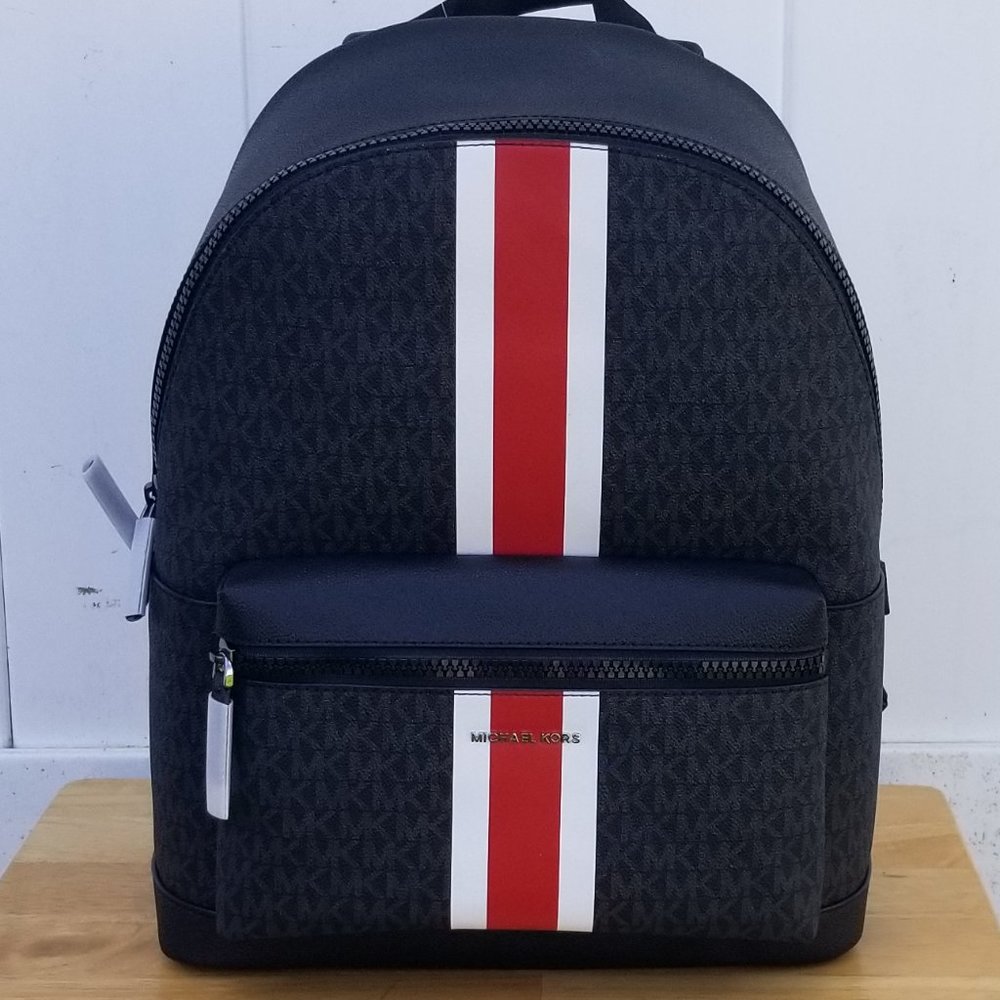 NWT Michael Kors Men`s Cooper Logo Backpack Large Black Signature Red Stripe